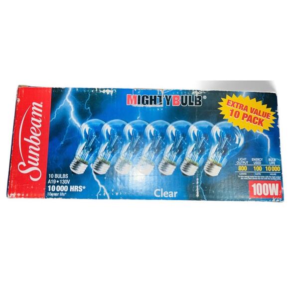 Sunbeam MightyBulb 60 Watt Clear A19 Light Bulbs 10 Pack Box New Old Stock - Picture 1 of 3